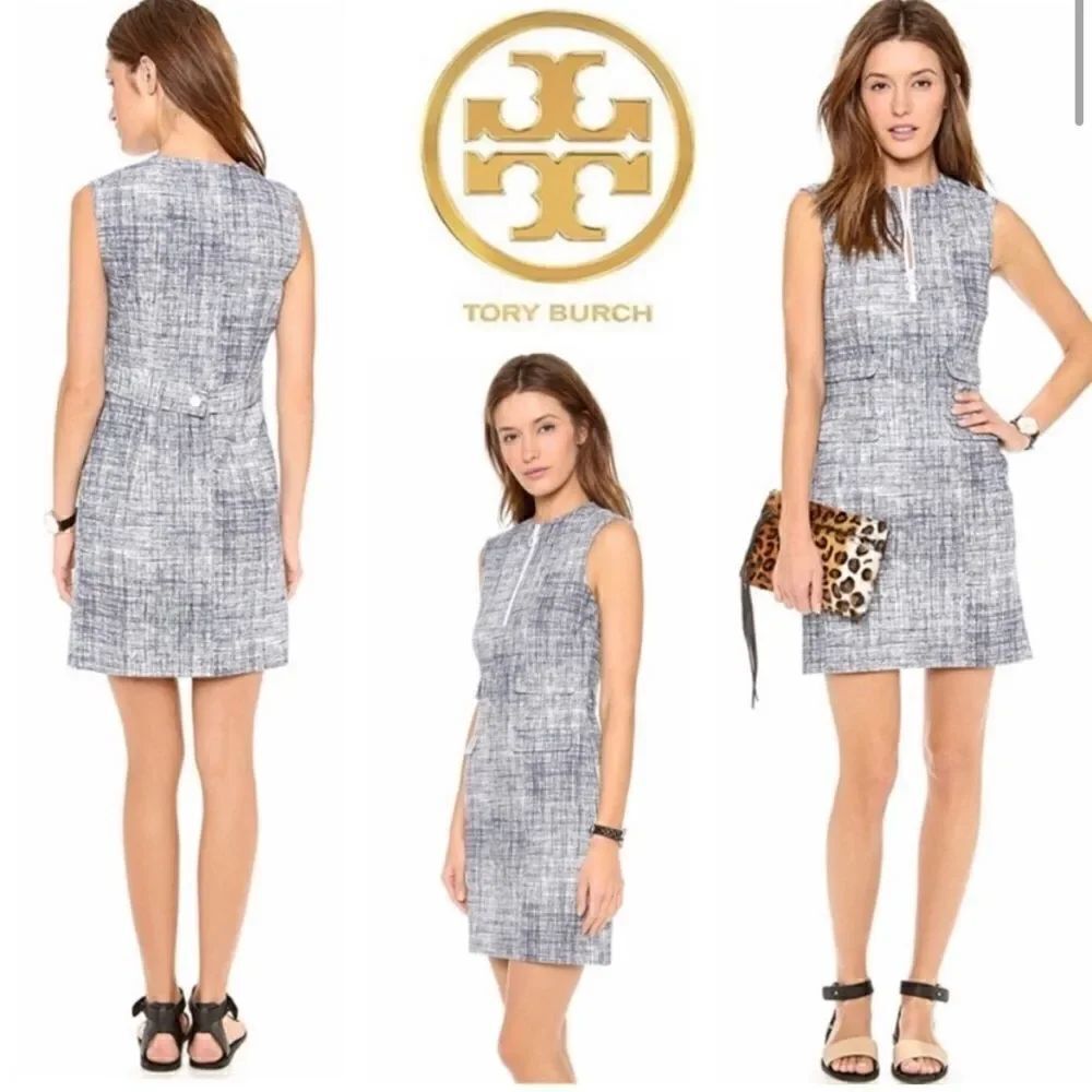 Tory Burch Kinsley Blue Tweed Print Sheath Dress Sz XS